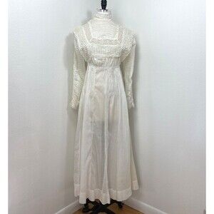 Antique 1800-1900s White Cotton Maxi Dress Handmade Pleats Lace Edwardian Flaws